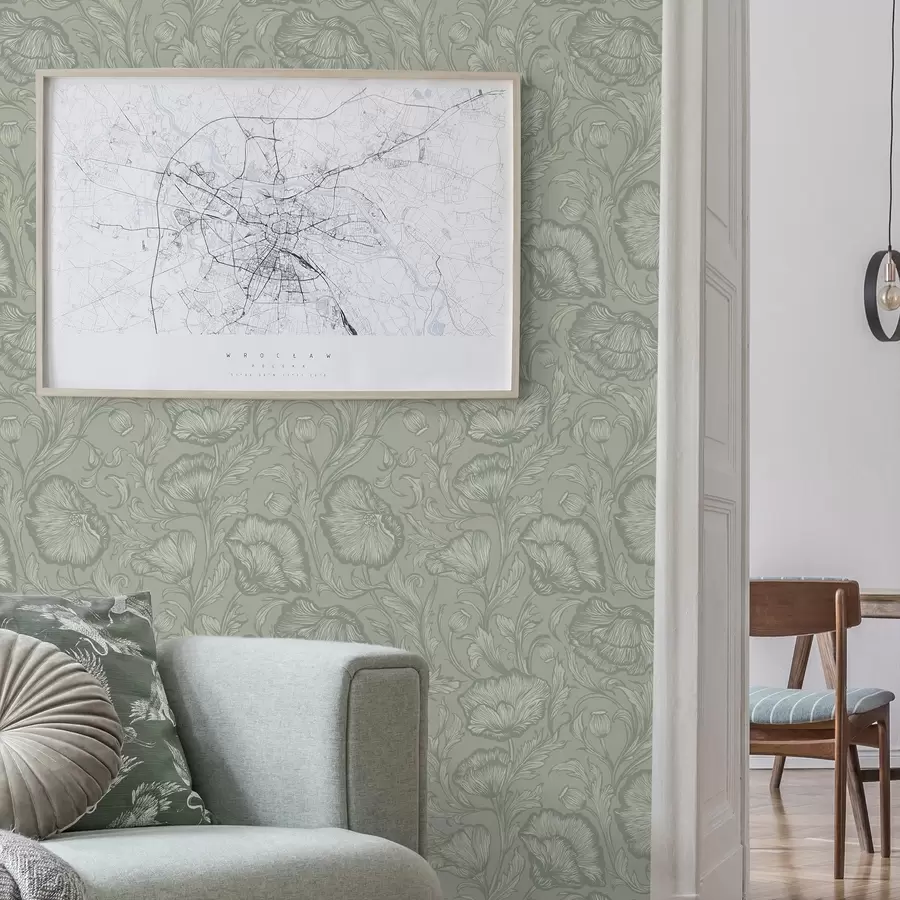 Fototapetes Līniju mākslas magones uz pelēkzaļa fona a00572v1