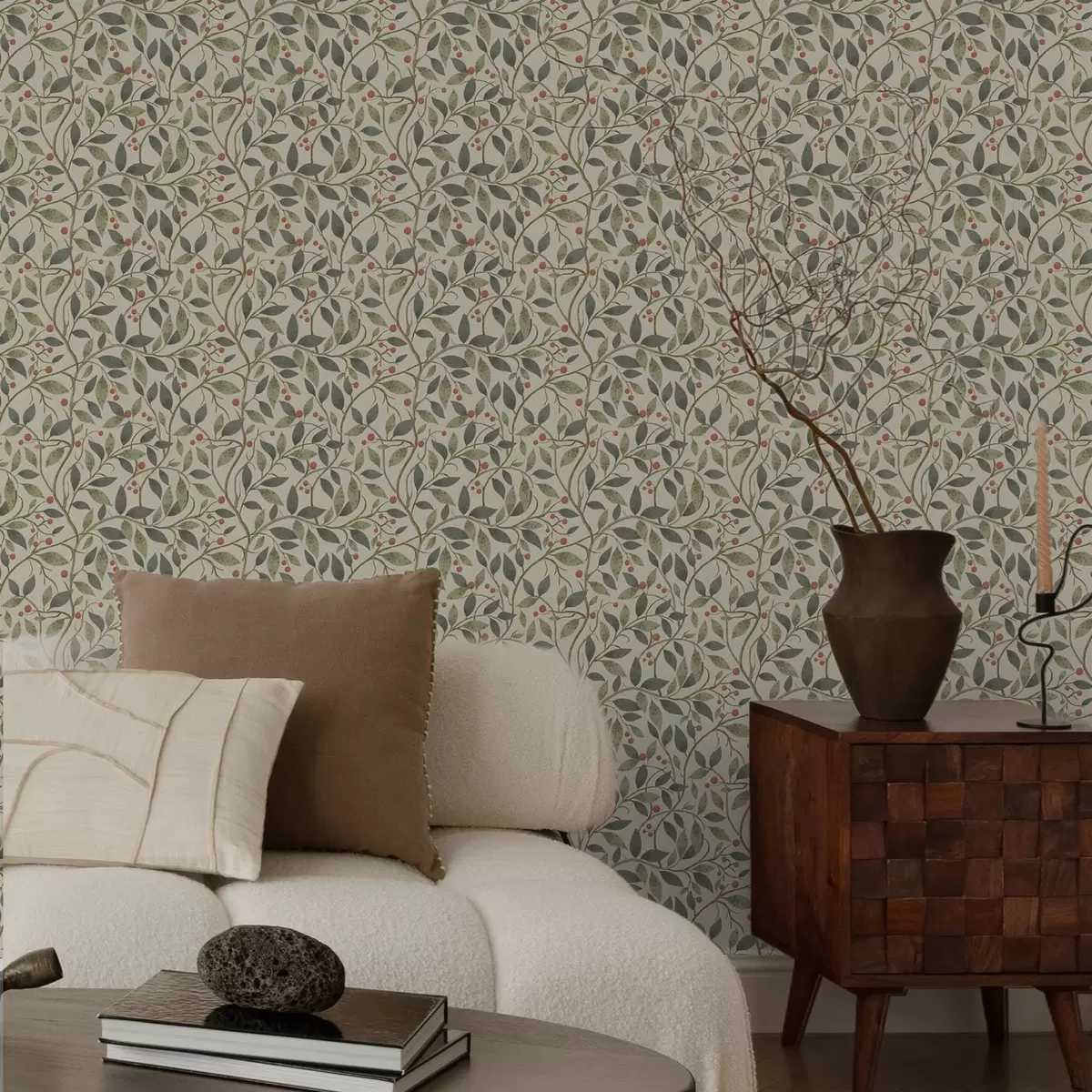 Tapetes Olīvu zari ar ogām uz siltā gaišā fona a00573