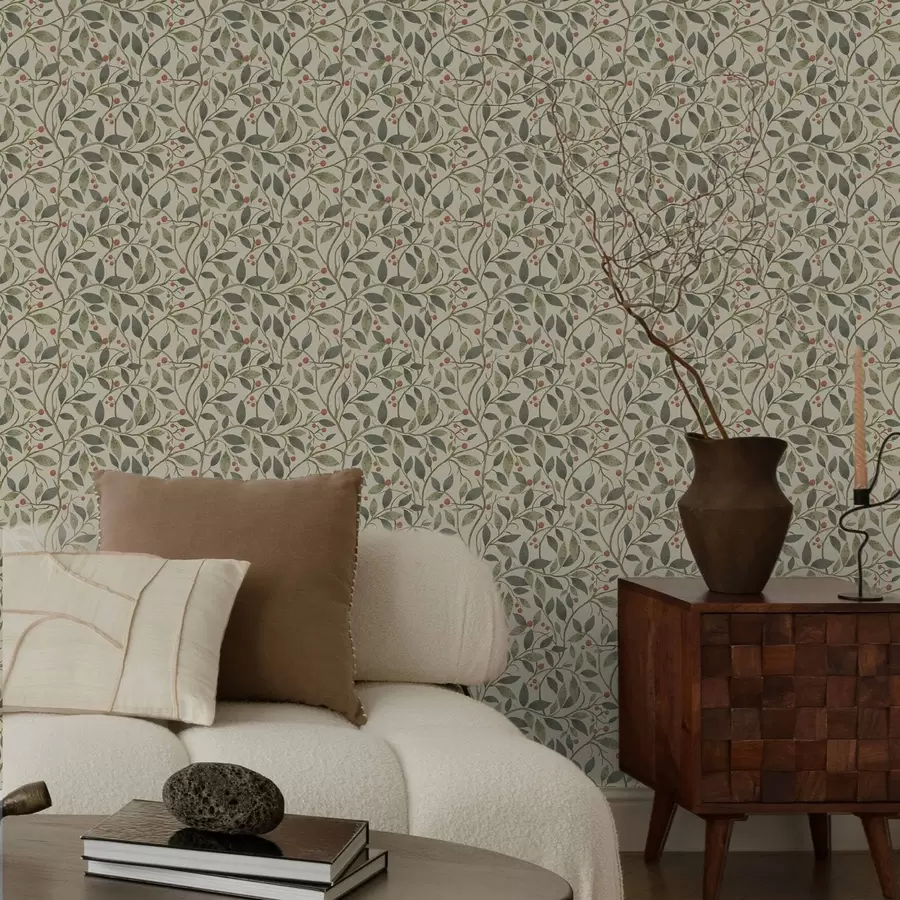 Fototapetes Olīvu zari ar ogām uz siltā gaišā fona a00573