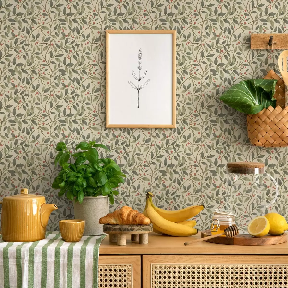 Tapetes Olīvu zari ar ogām uz siltā gaišā fona a00573