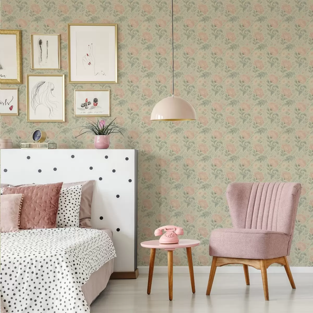 Tapetes Vintage lielas persiku ziedi ar salvijas lapām a00580