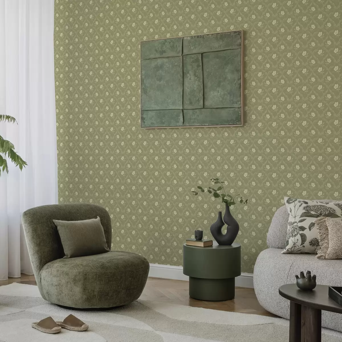 Tapetes Olīvu režģis ar krēmkrāsas ziediem, retro ornamentu a00585