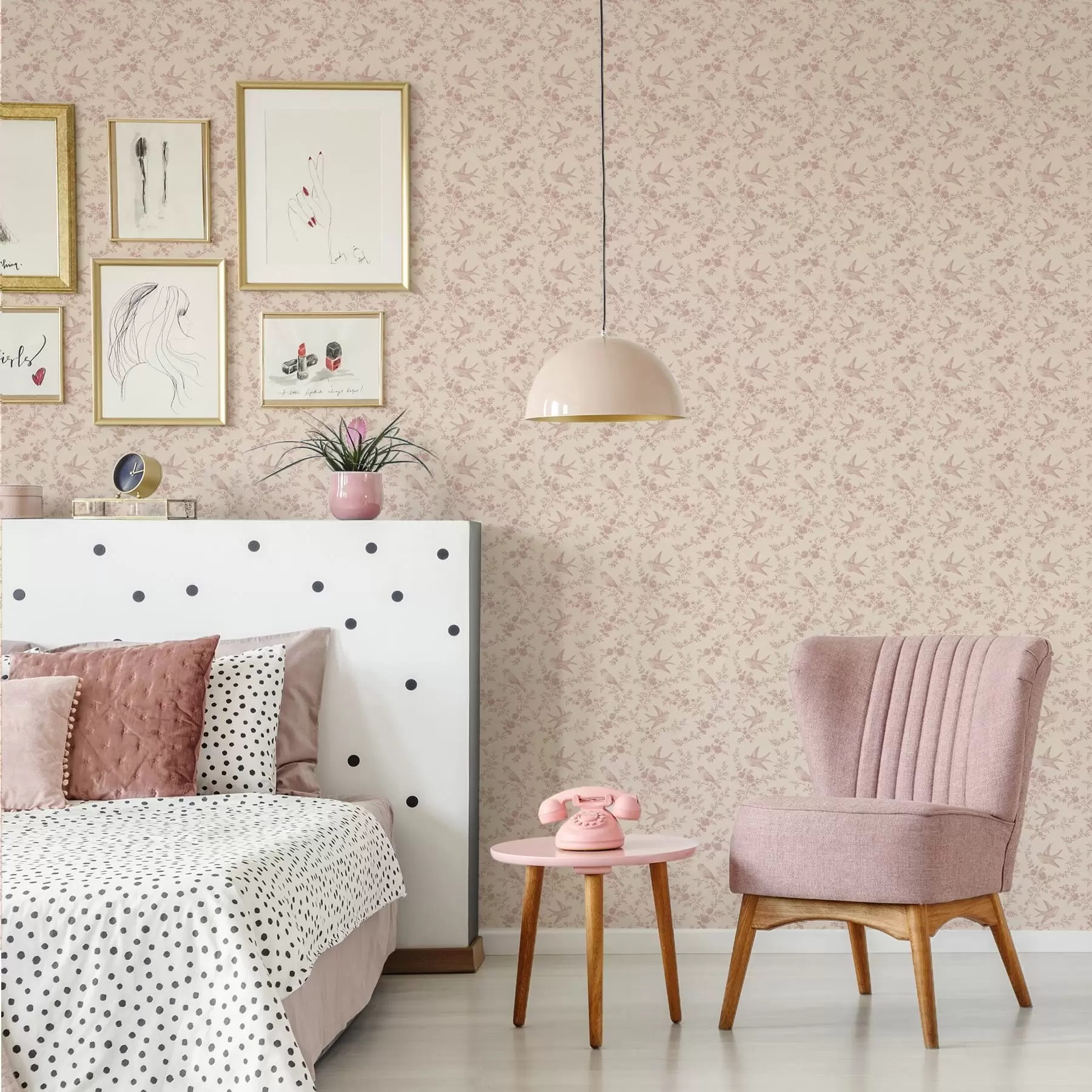 Fototapetes Putni un rozes, vintage raksts uz pūderrozā fona a00587