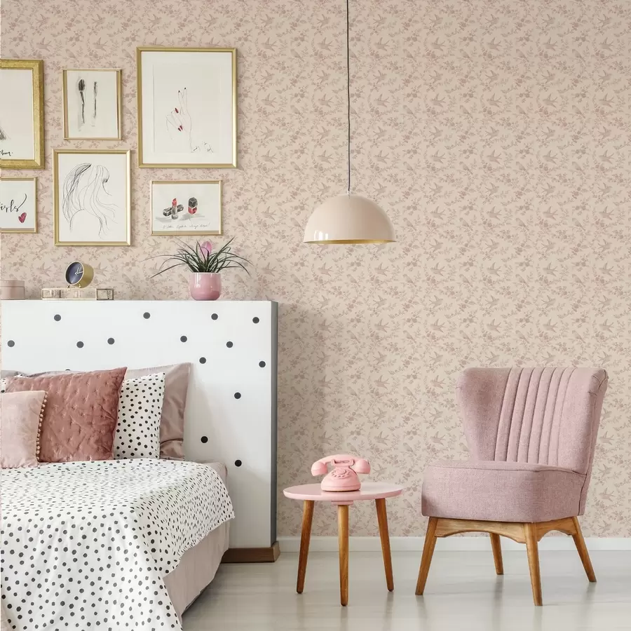 Fototapetes Putni un rozes, vintage raksts uz pūderrozā fona a00587