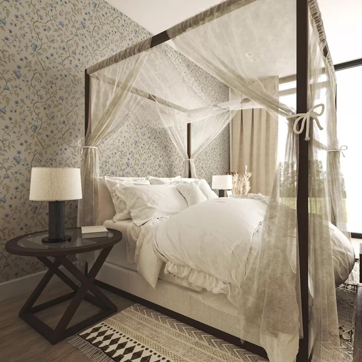 Tapetes Zilas ziedošas zaras uz lina krāsas fona a00590