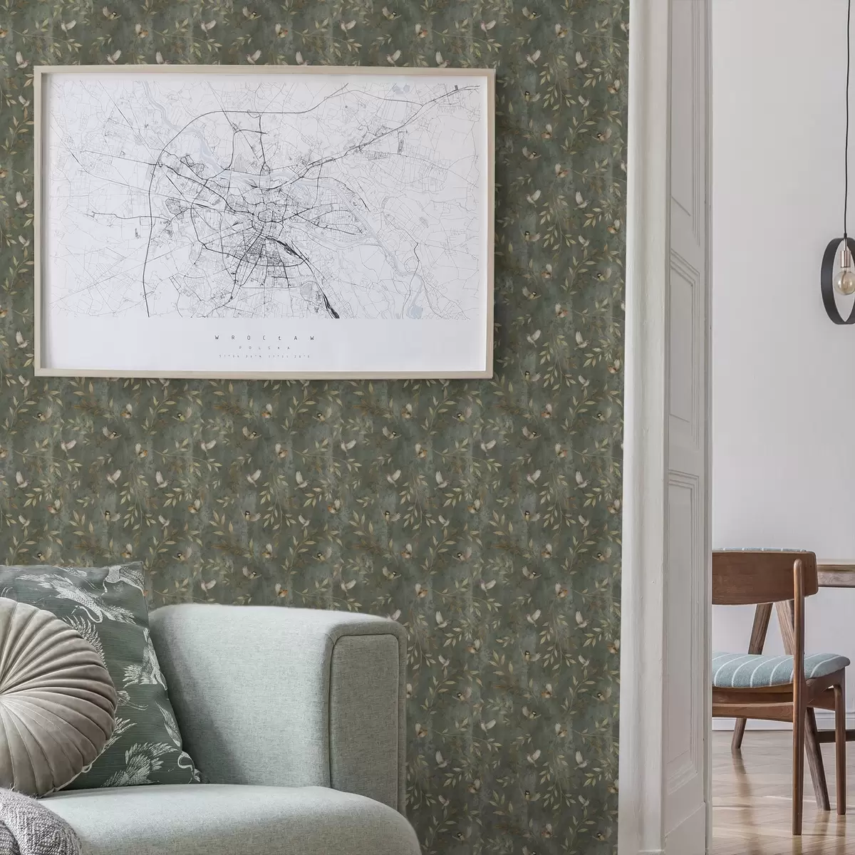 Tapetes Putni oranžā lapotnē uz tumši zaļa fona a00591