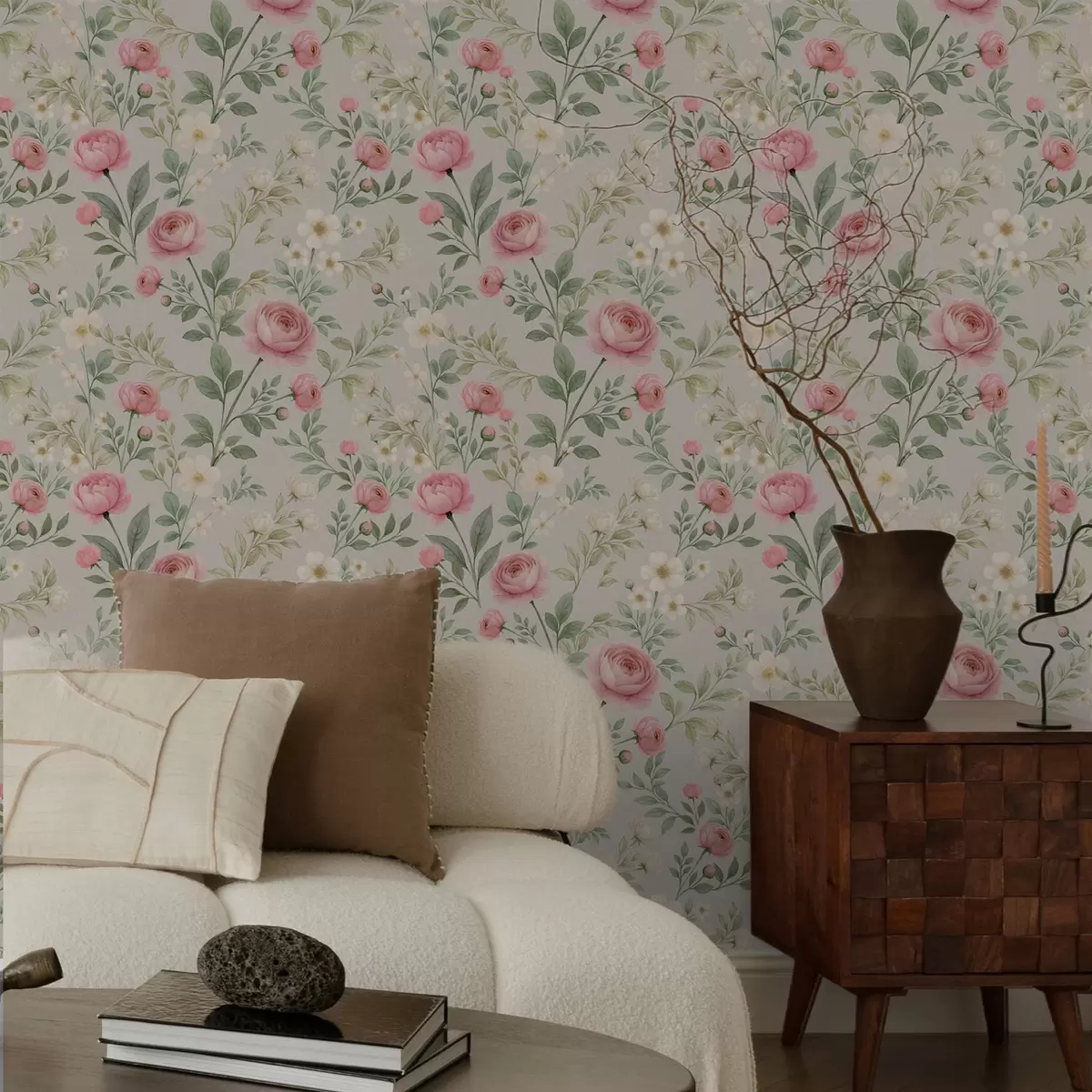 Tapetes Akvareļa peonijas un baltas puķes uz pelēkā-bēša fona a00592