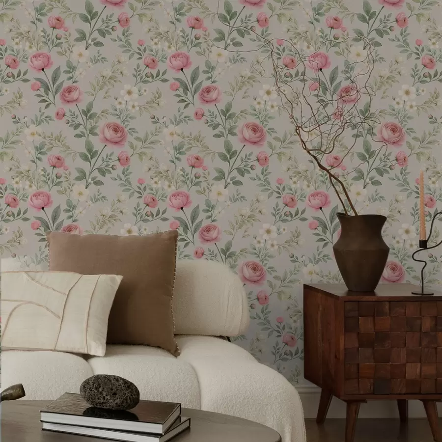 Fototapetes Akvareļa peonijas un baltas puķes uz pelēkā-bēša fona a00592