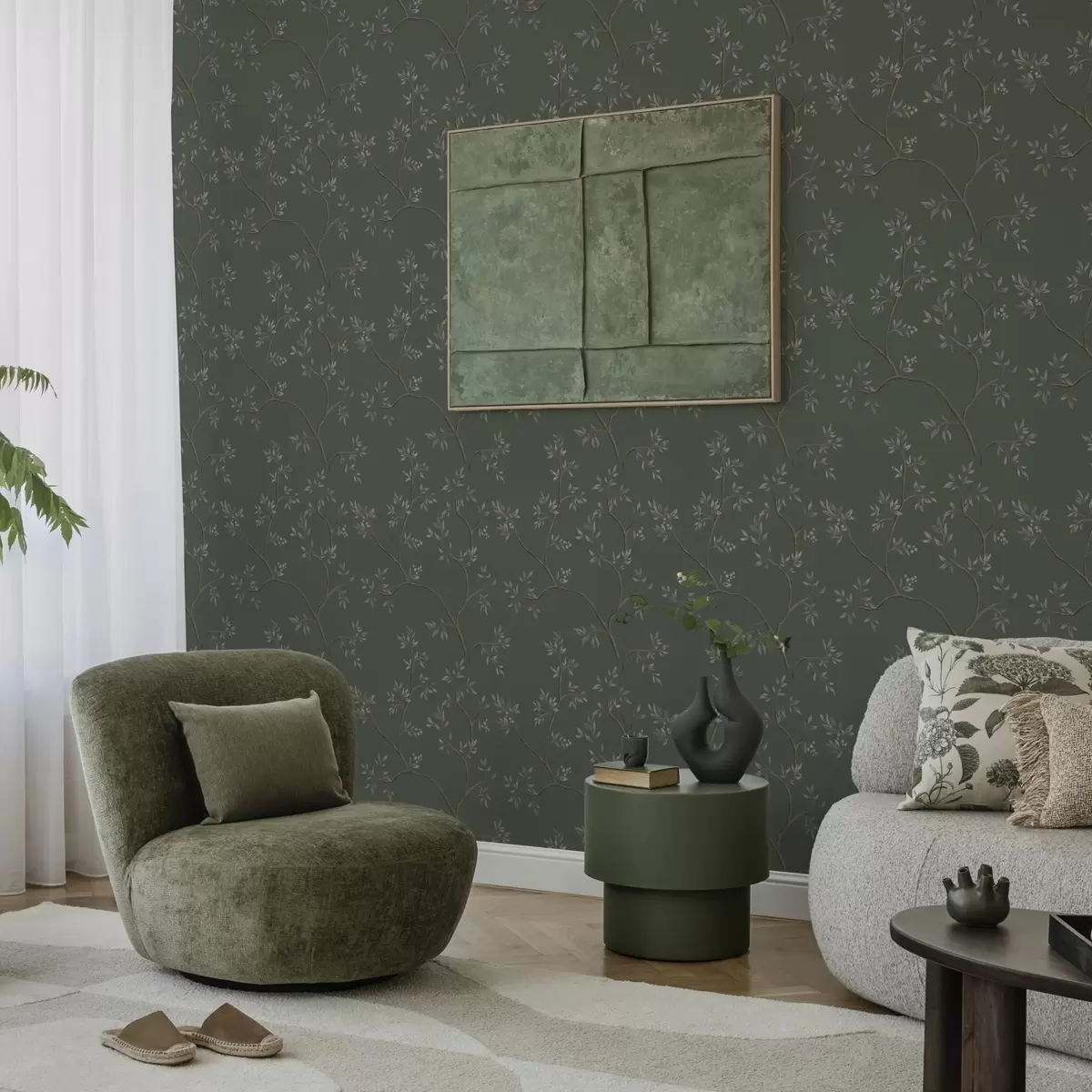 Tapetes Delikāti lapu zari uz tumši zaļa fona a00597