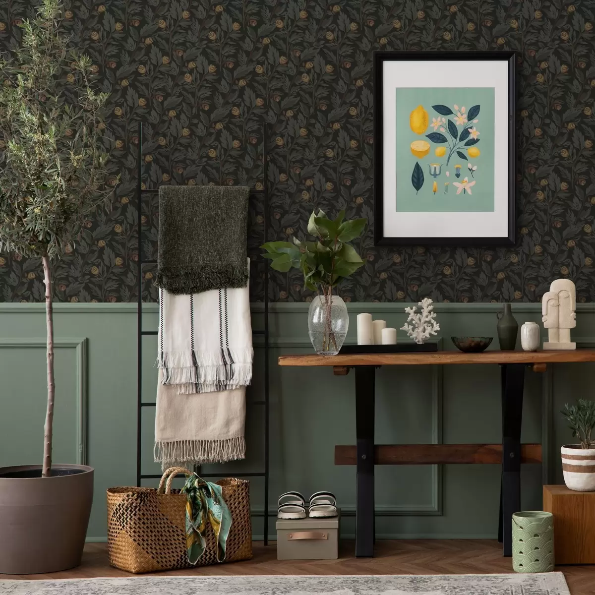 Tapetes Tumšs ziedu raksts ar dzelteniem pumpuriem un lapām a00598