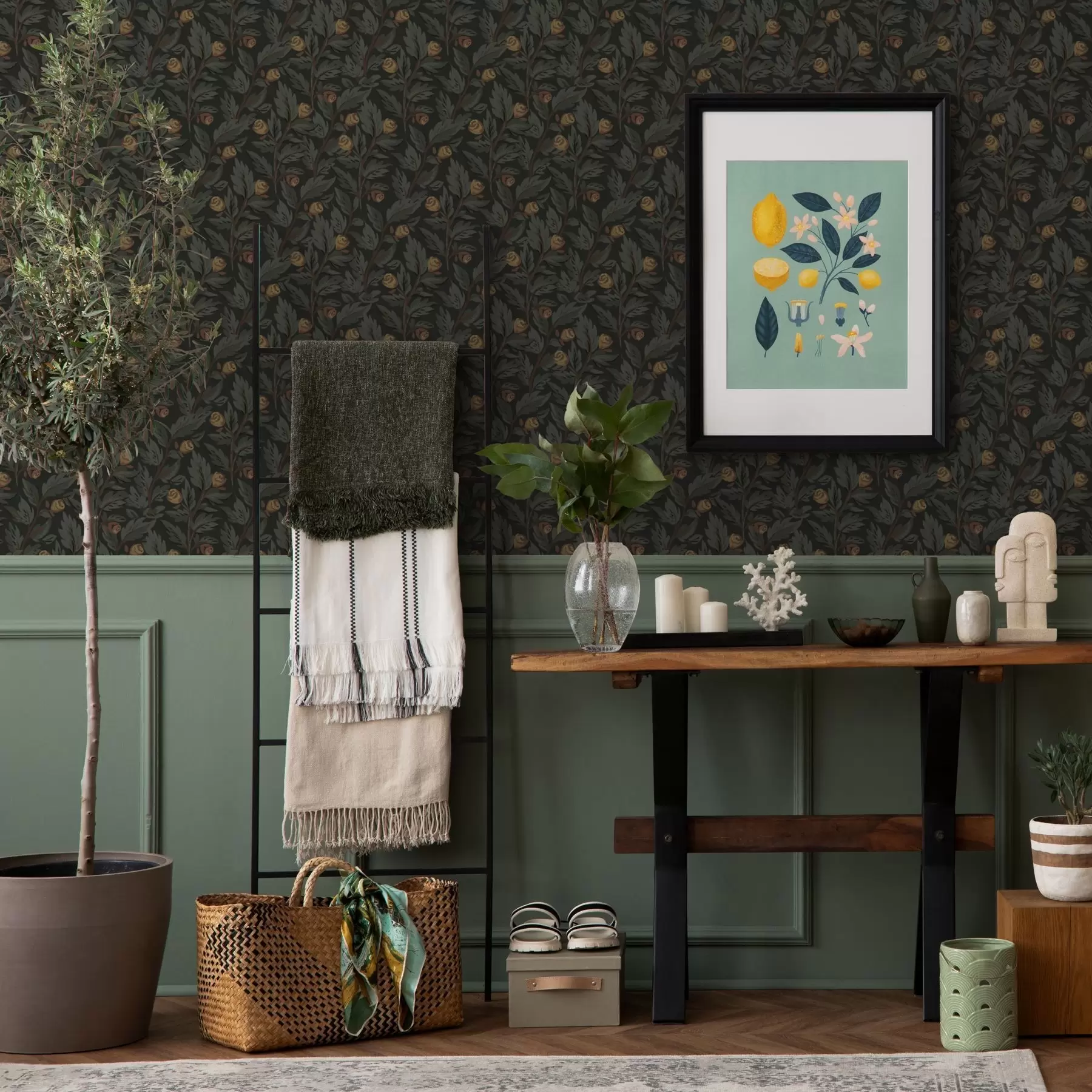 Fototapetes Tumšs ziedu raksts ar dzelteniem pumpuriem un lapām a00598