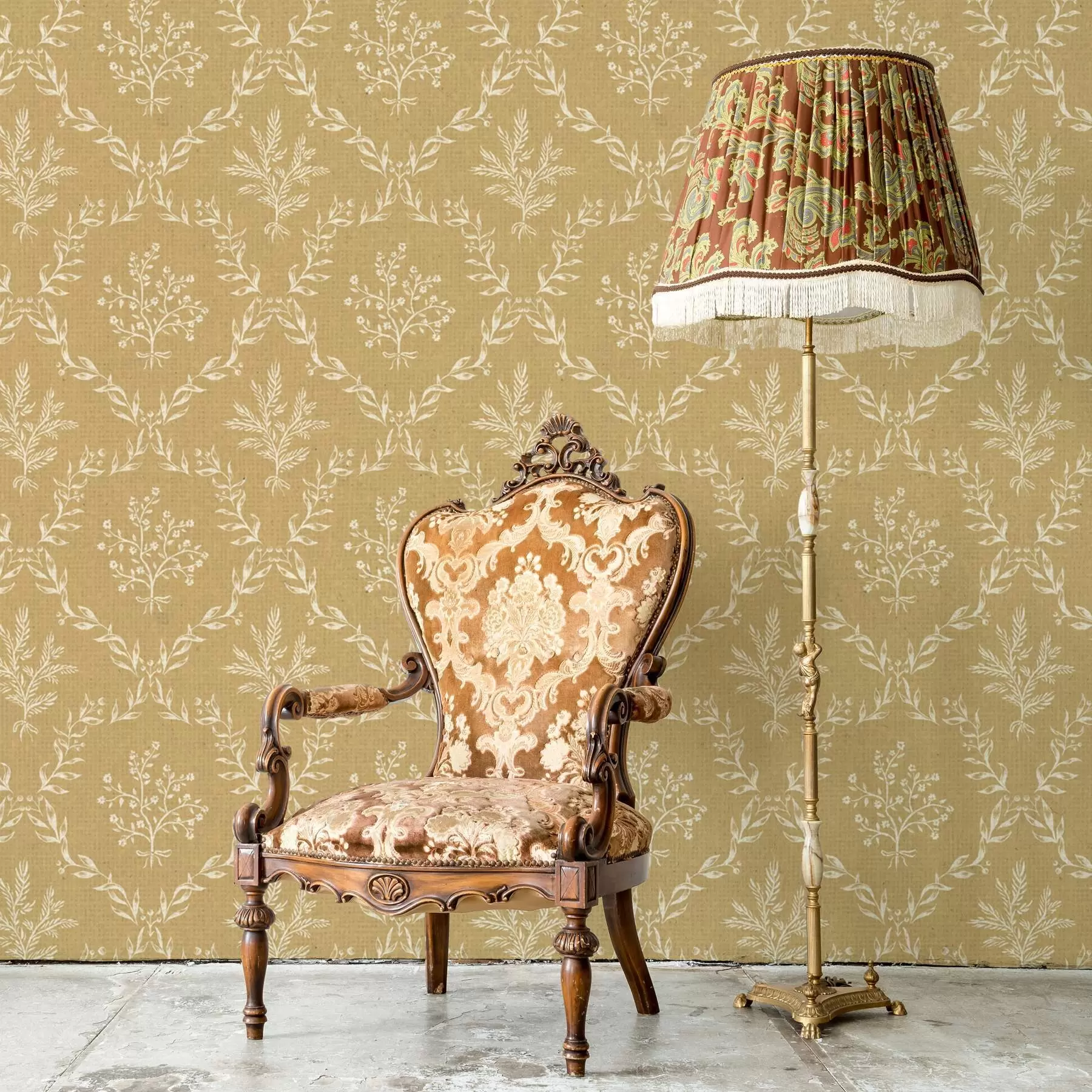 Fototapetes Baltas zāļu un ziedu vainagi uz sinepju fona a00599