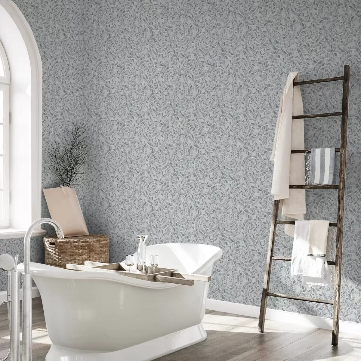 Tapetes Spirālveida lapas zils-pelēks-zaļā krāsu gamā a00602