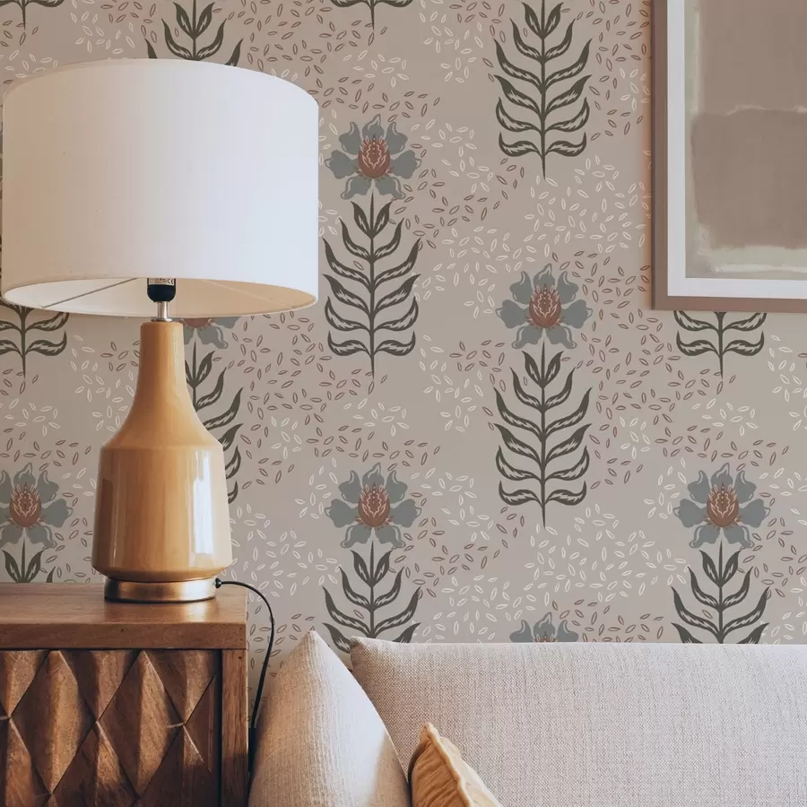 Fototapetes Stilizēti ziedi un sēklas uz siltā smilškrāsā fona a00604