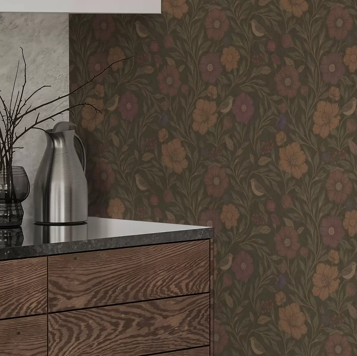 Tapetes Rudens ziedi un putni uz olīvu brūna fona a00605