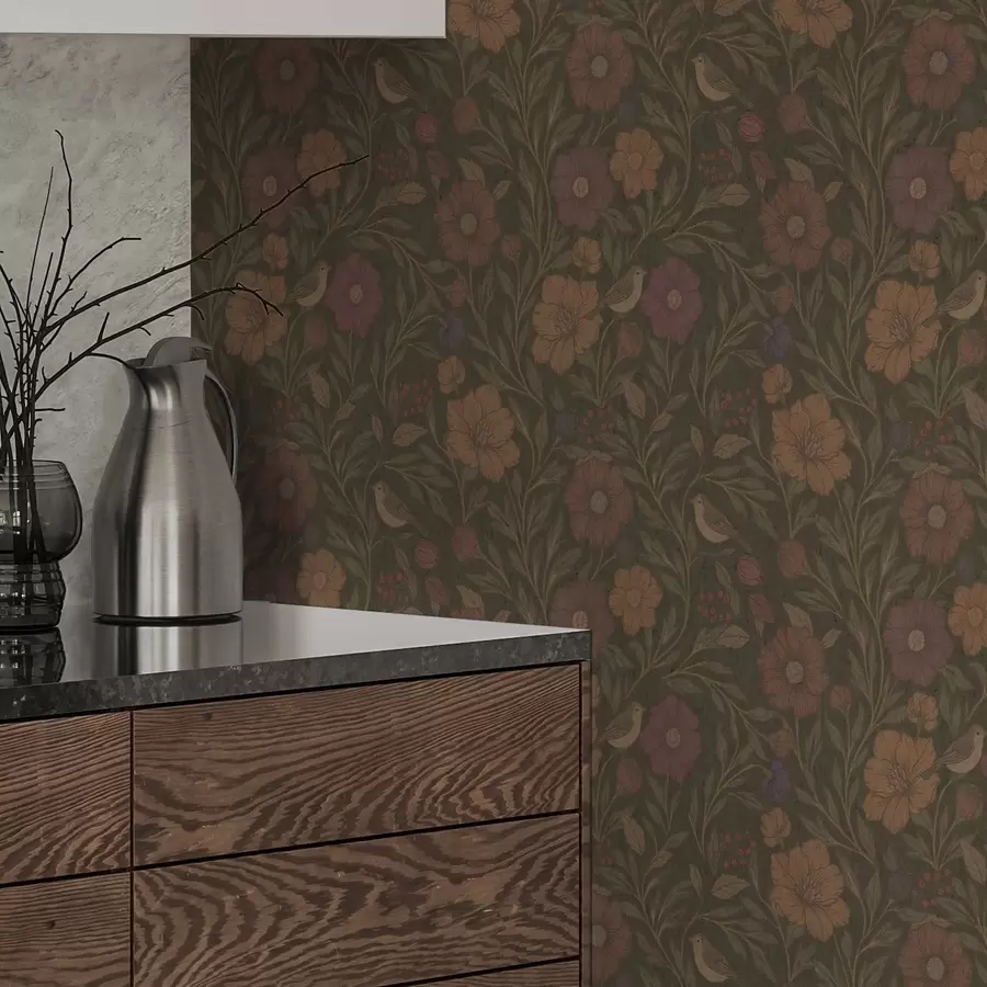 Fototapetes Rudens ziedi un putni uz olīvu brūna fona a00605