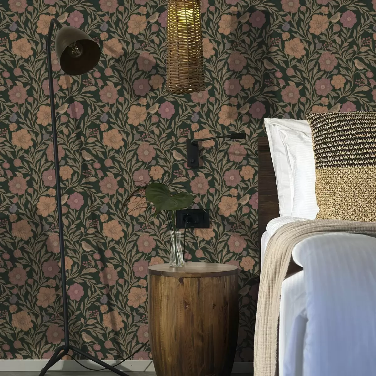 Tapetes Rudens ziedi un putni uz tumši smaragda fona a00605v1