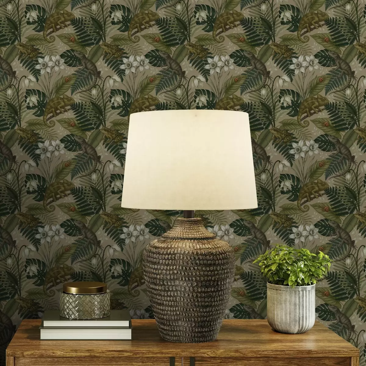 Tapetes Hamelioni un tropu lapas, baltas puķes, smilškrāsas fons a00608