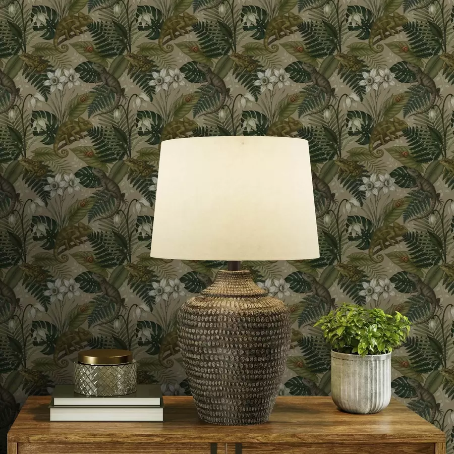 Fototapetes Hamelioni un tropu lapas, baltas puķes, smilškrāsas fons a00608