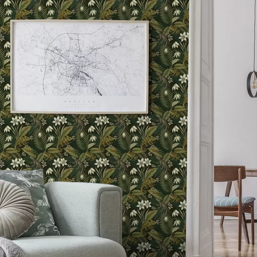 Fototapetes Hamelioni un tropu lapas, baltas puķes, tumša zeme a00608v1