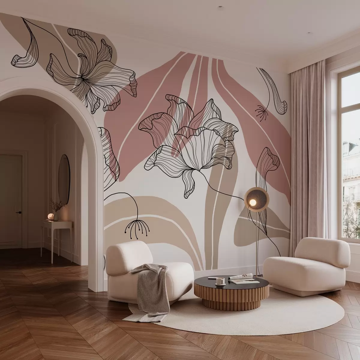 Fototapetes abstrakcijas lapas un ziedi pūderkrāsas un smilškrāsas toņos w04499