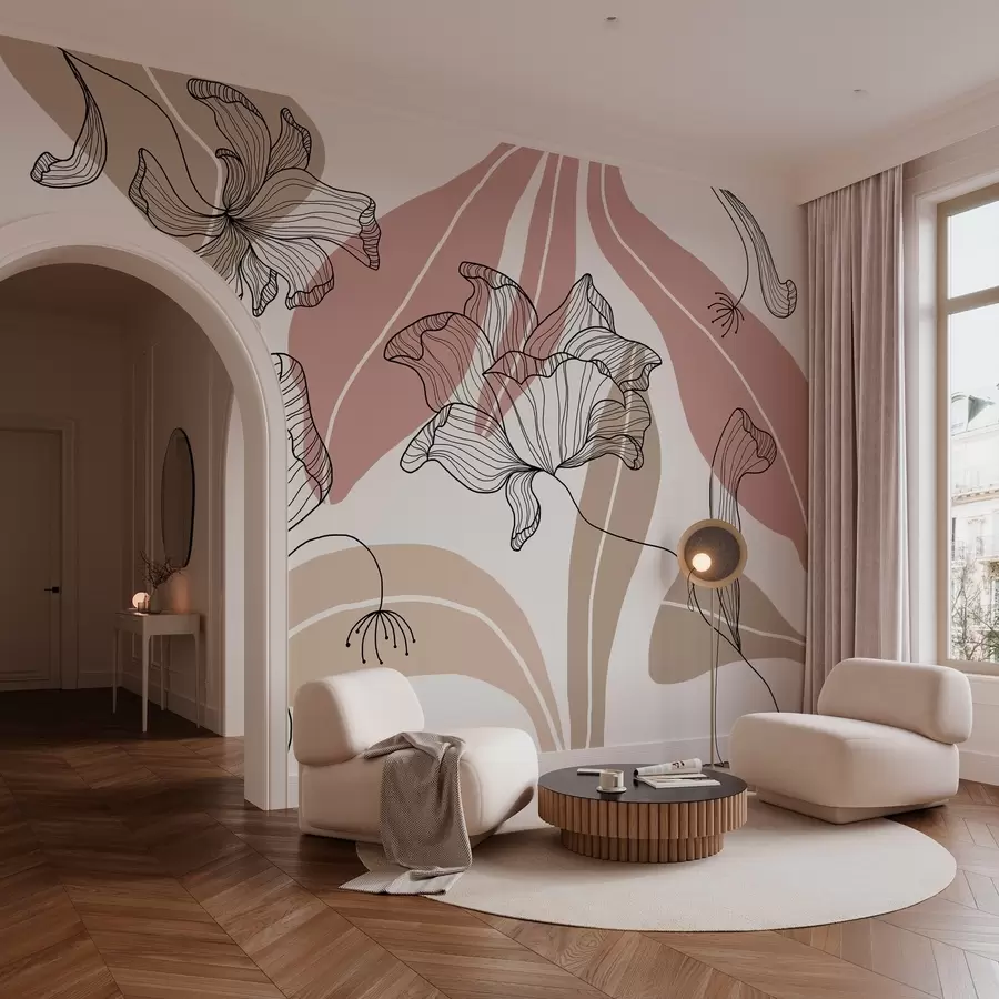 Fototapetes abstrakcijas lapas un ziedi pūderkrāsas un smilškrāsas toņos w04499