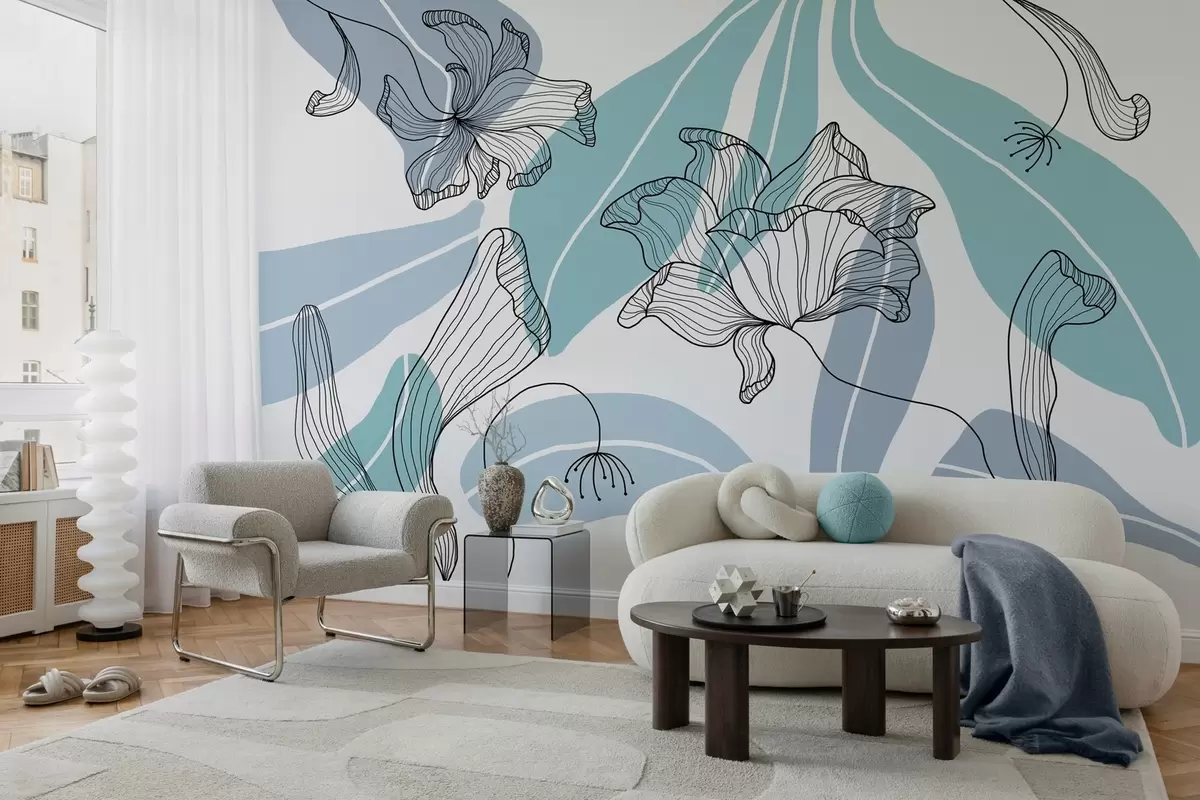 Fototapetes abstrakcijas lapas un ziedi zilos toņos w04499v2