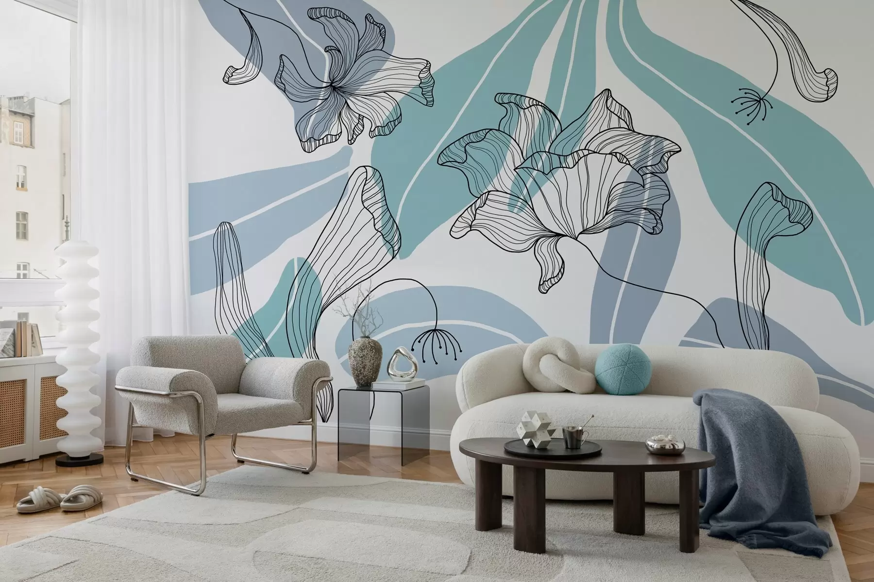 Fototapetes abstrakcijas lapas un ziedi zilos toņos w04499v2