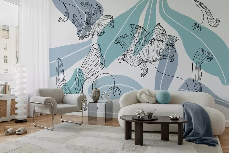 Fototapetes abstrakcijas lapas un ziedi zilos toņos w04499v2