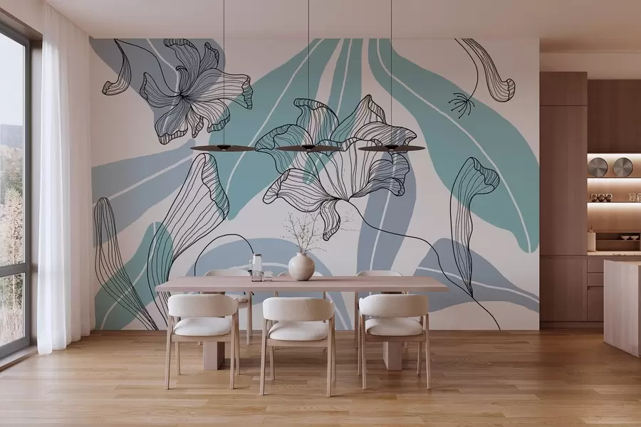 Fototapetes abstrakcijas lapas un ziedi zilos toņos w04499v2