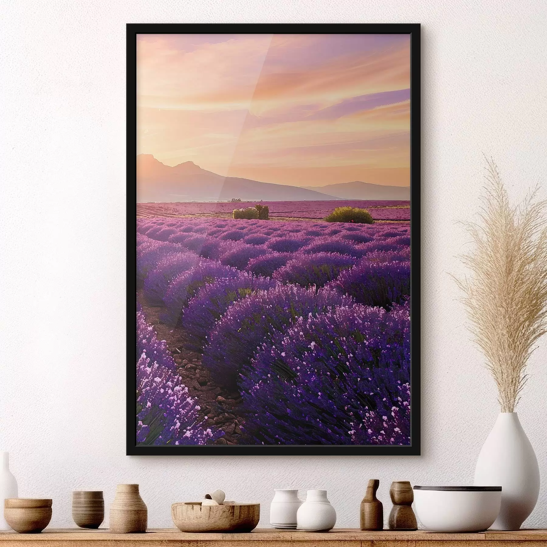 Fototapetes Lavanda uz kalnu saulrieta fona f45664