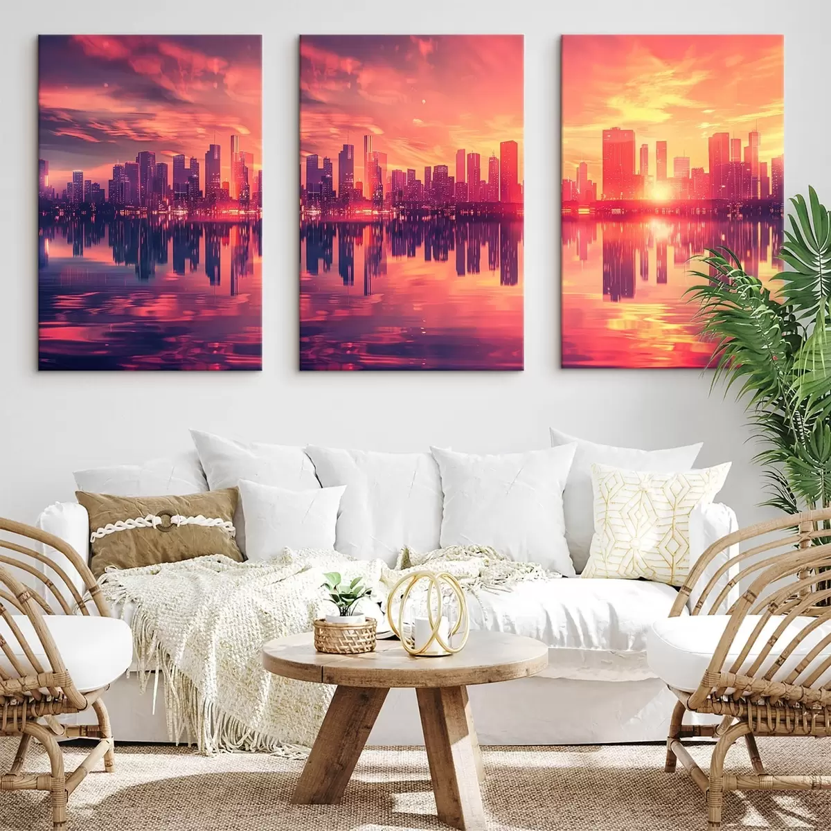 Glezna Romantiska saulrieta fonā modernā pilsēta m00784