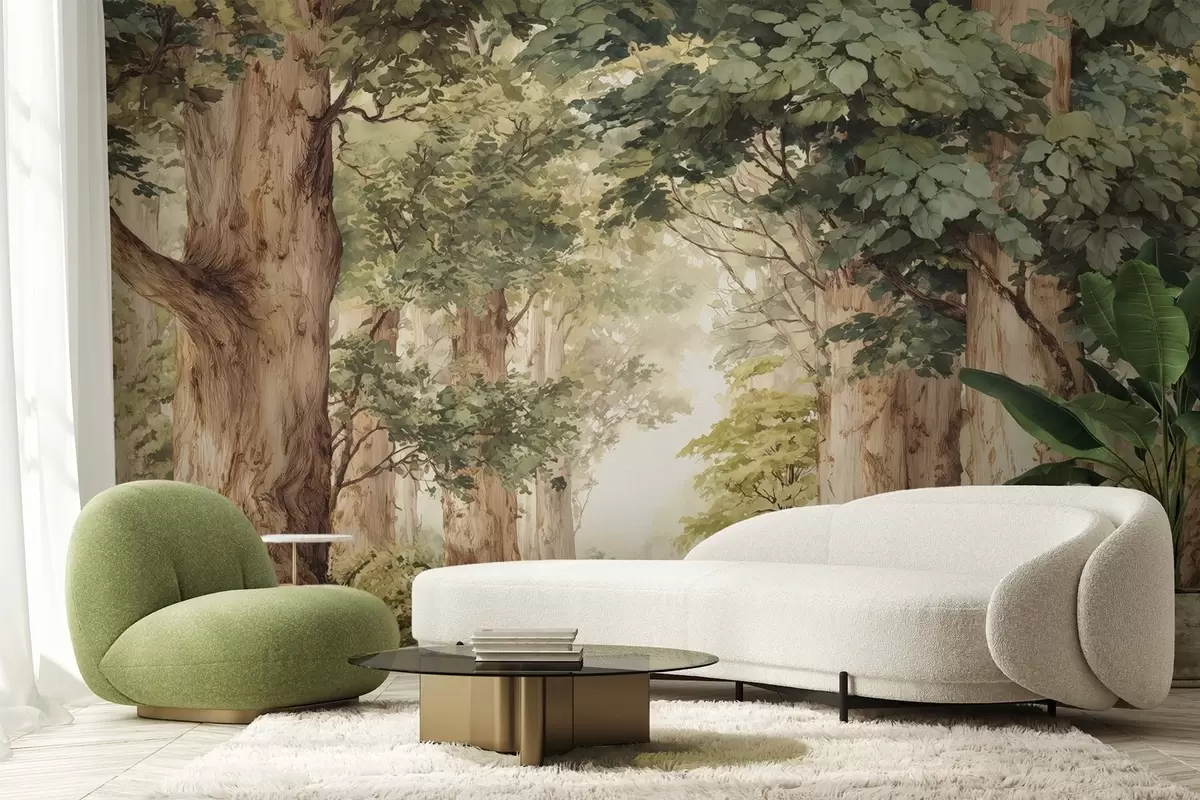 Fototapetes Meža taka starp majestātiskiem kokiem akvareļa stilā w09404