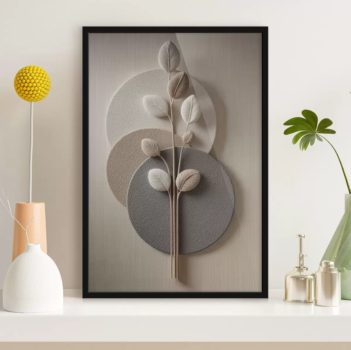Plakāts Reljefa apļi un zari siltos neitrālos toņos f45883