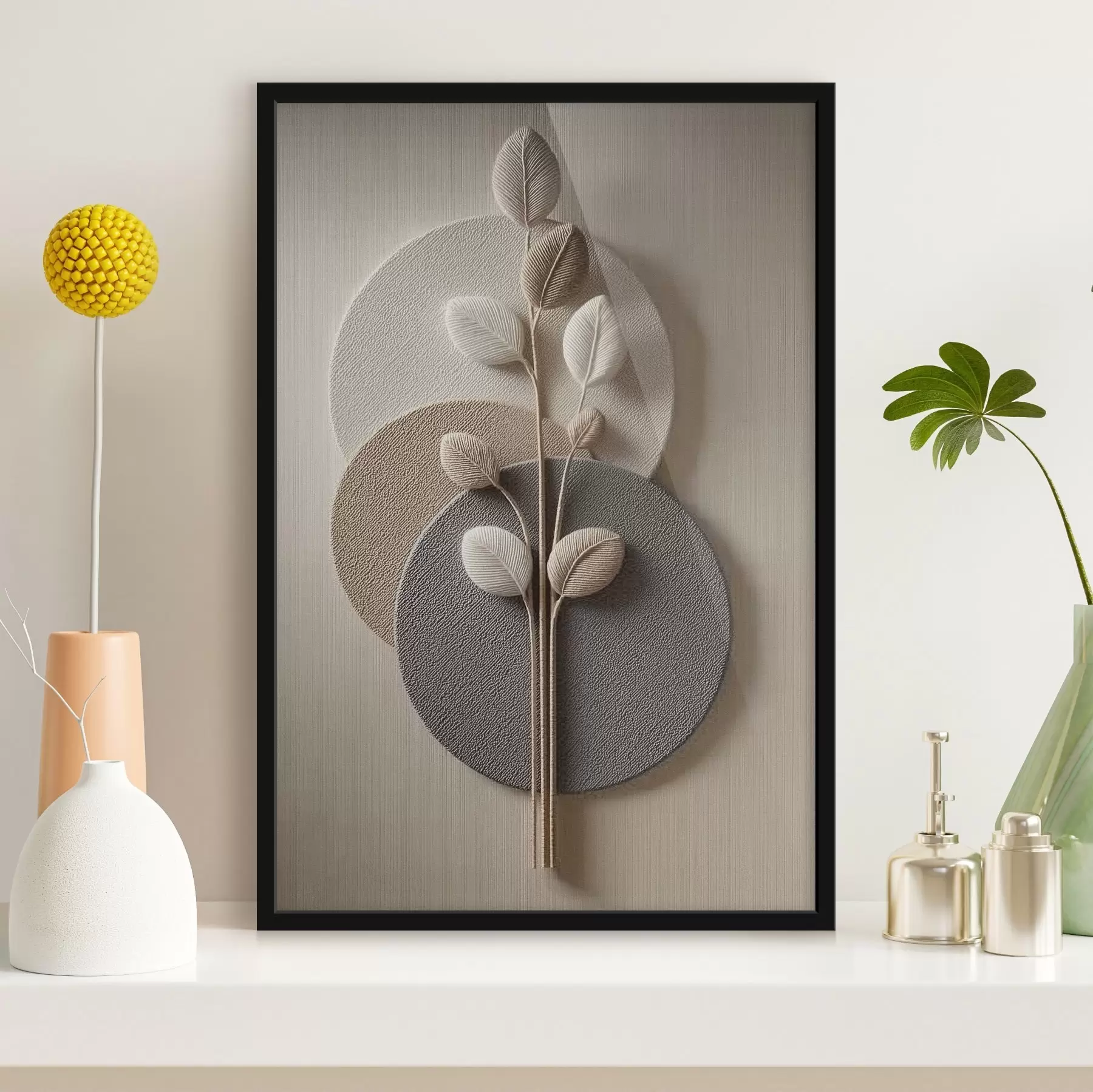 Fototapetes Reljefa apļi un zari siltos neitrālos toņos f45883