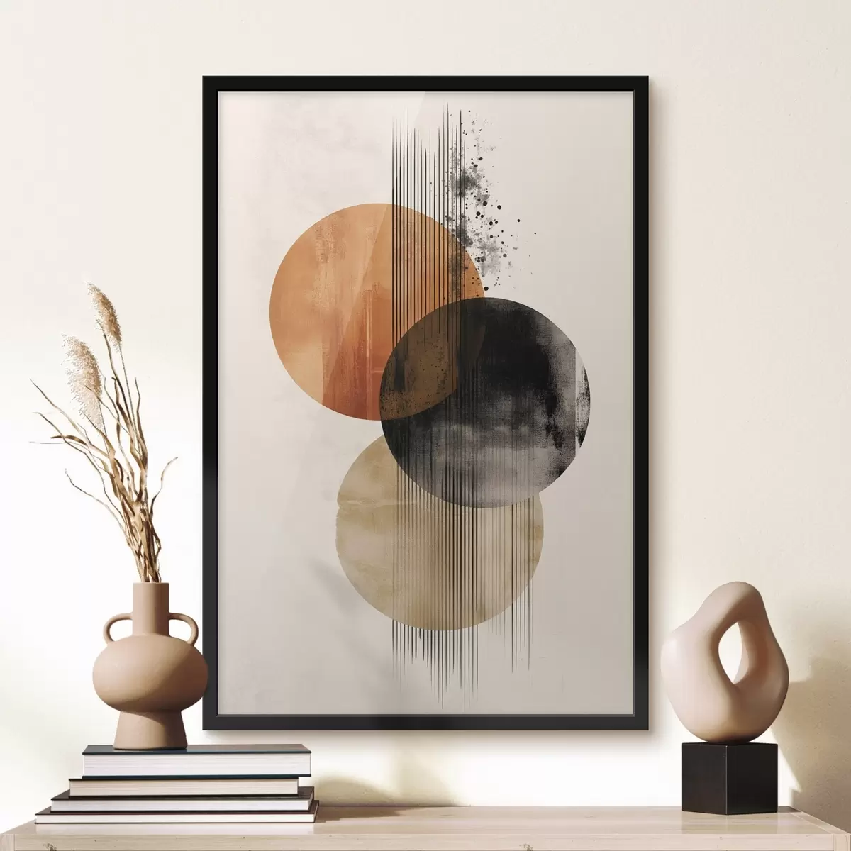 Plakāts Trīs teksturēti apļi ar līnijām terakotas-melnā krāsu gamā f45885