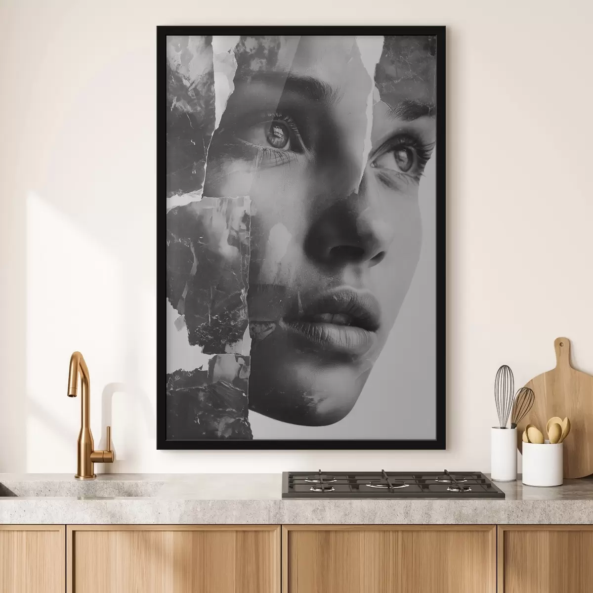 Plakāts Melnbaltā kolāža portrets ar plīsušiem teksturētiem slāņiem f45898