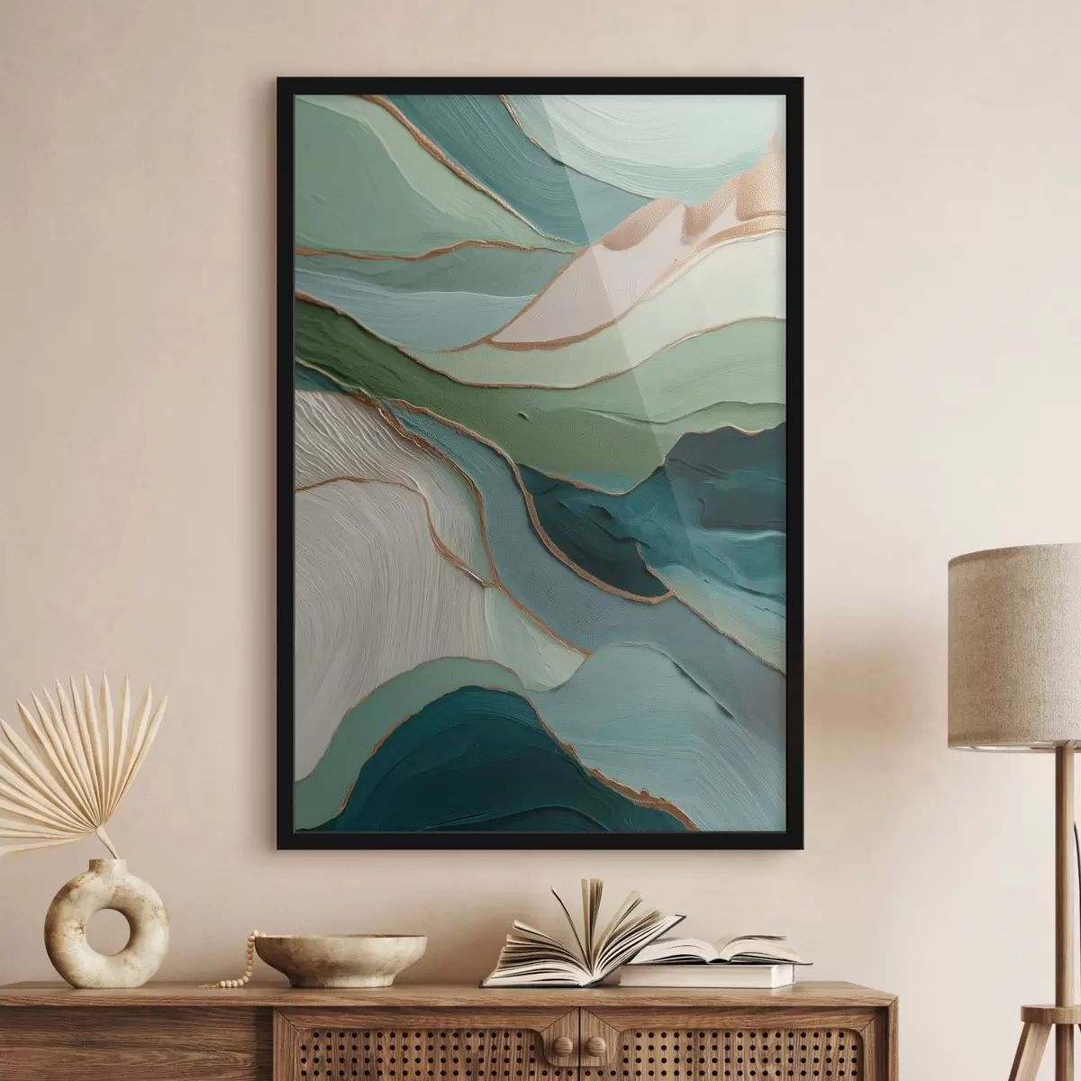 Plakāts Daudzslāņu zaļā abstrakcija ar dzeltenām līnijām un dziļumu f45902