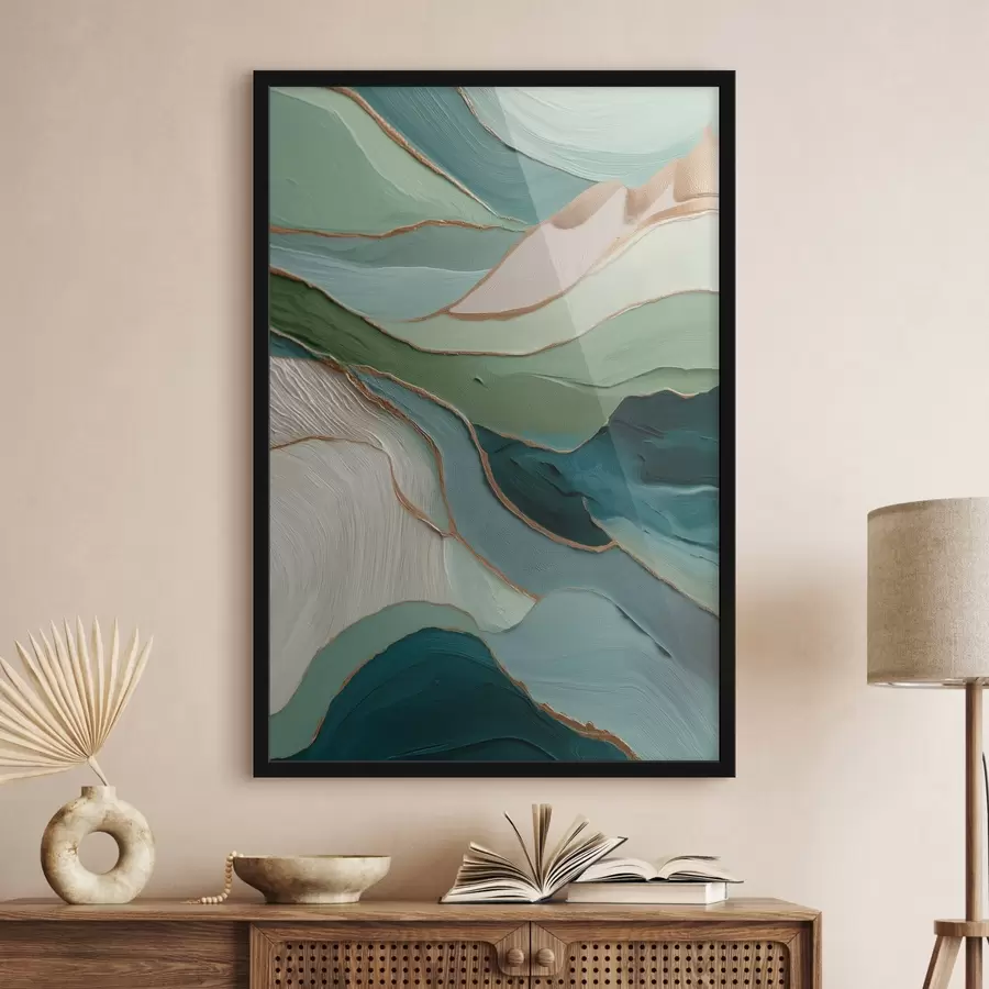 Fototapetes Daudzslāņu zaļā abstrakcija ar dzeltenām līnijām un dziļumu f45902