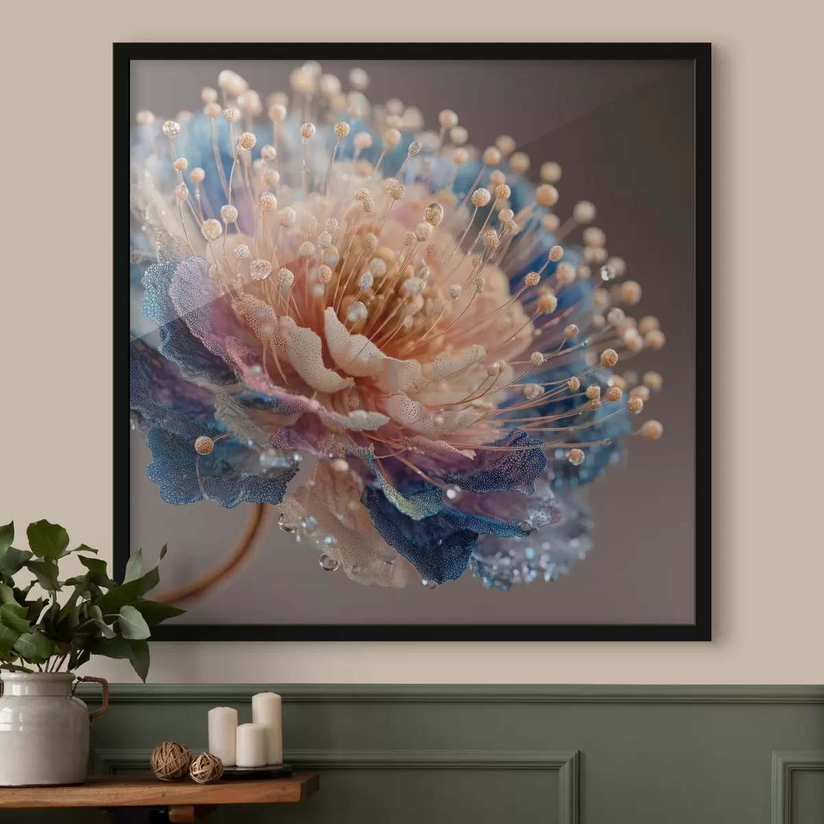 Plakāts Perlamutra zieds ar rasas pilieniem, persiku un zilu ziedlapiņu f45911