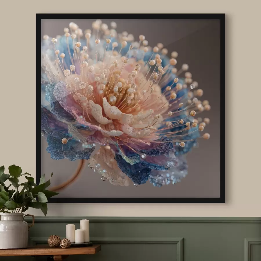 Fototapetes Perlamutra zieds ar rasas pilieniem, persiku un zilu ziedlapiņu f45911