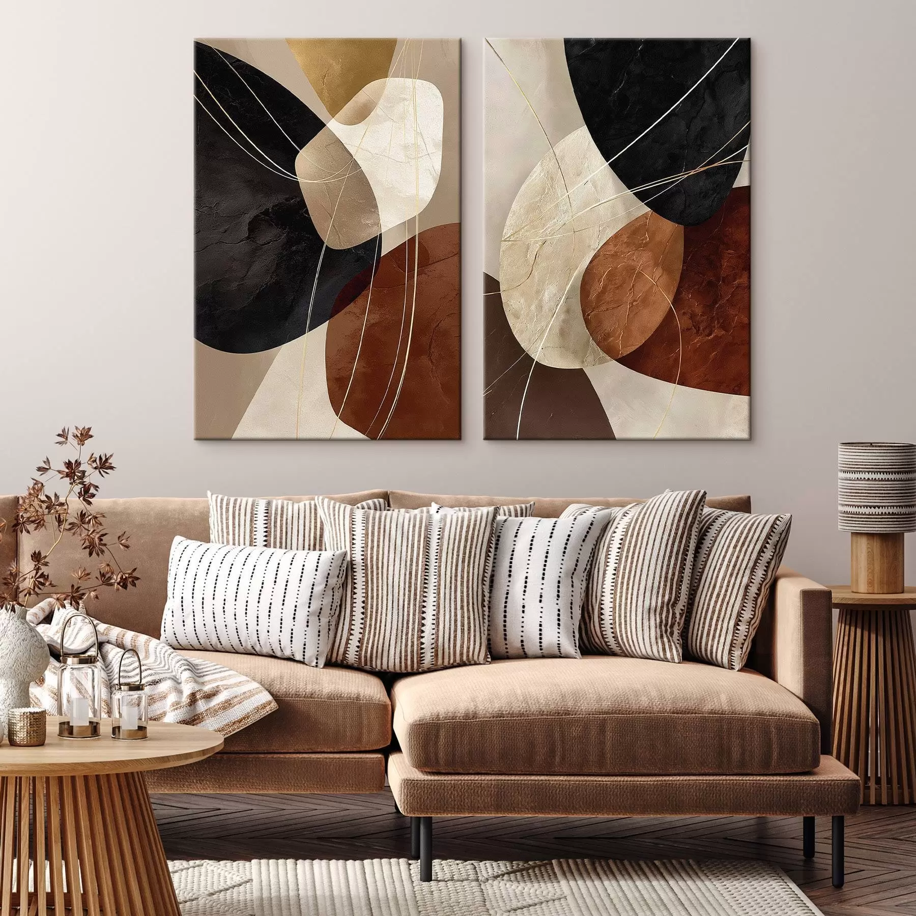 Glezna Ģeometriski ovāli siltā krāsu gamā ar dzeltenām līnijām m00763