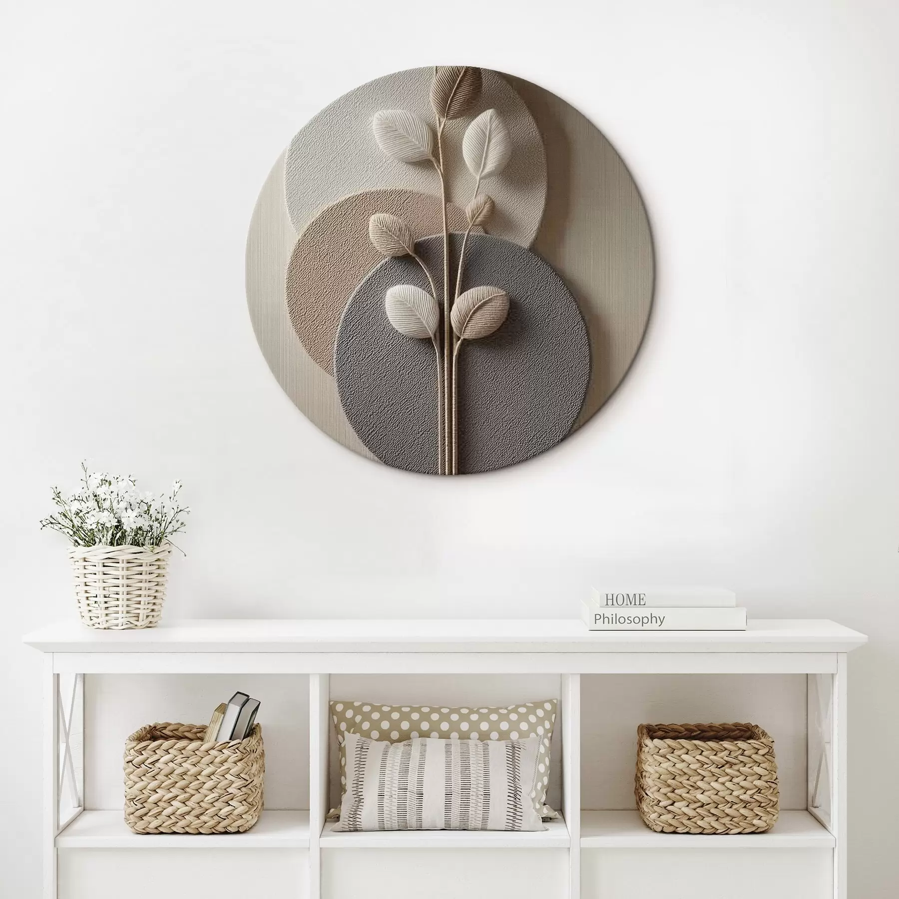 Glezna Reljefa apļi un zari siltos neitrālos toņos r45883