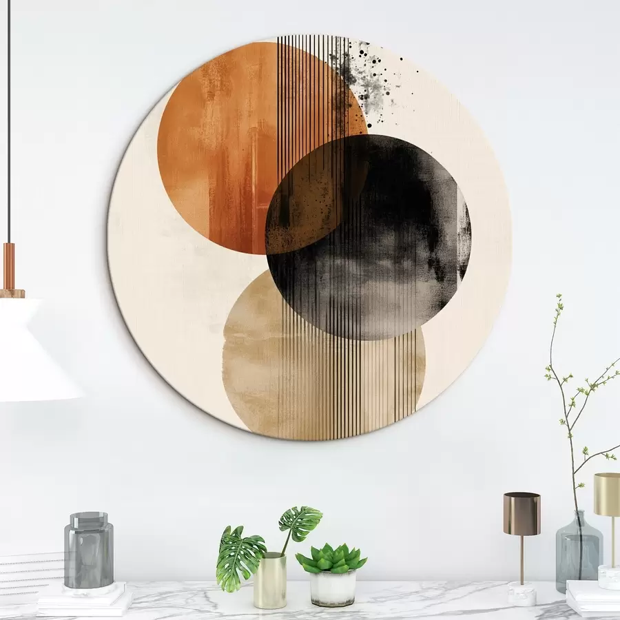 Glezna Trīs teksturēti apļi ar līnijām terakotas-melnā krāsu gamā r45885