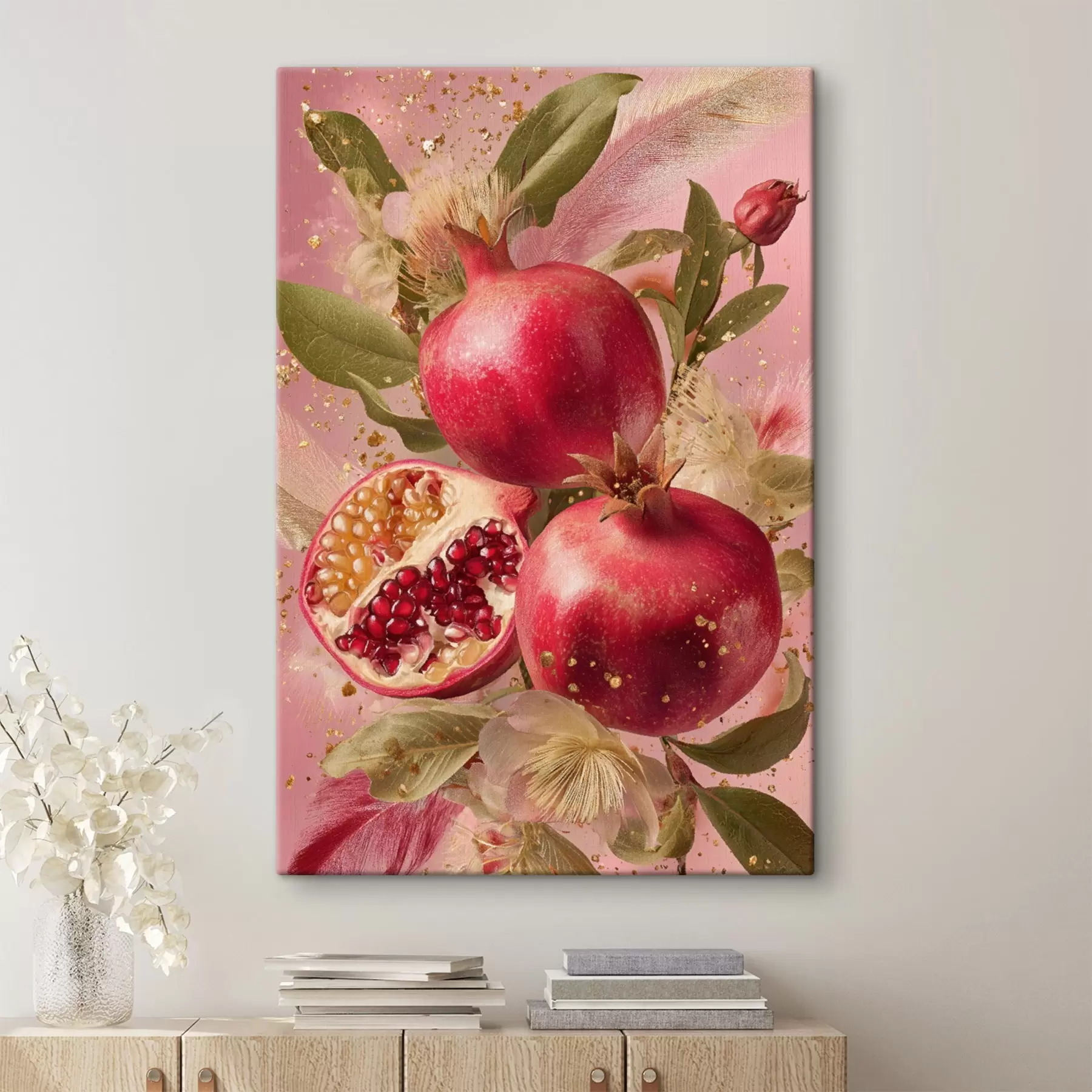 Glezna Nogatavojušies granātāboli uz rozā fona ar lapām un plankumiem s45868