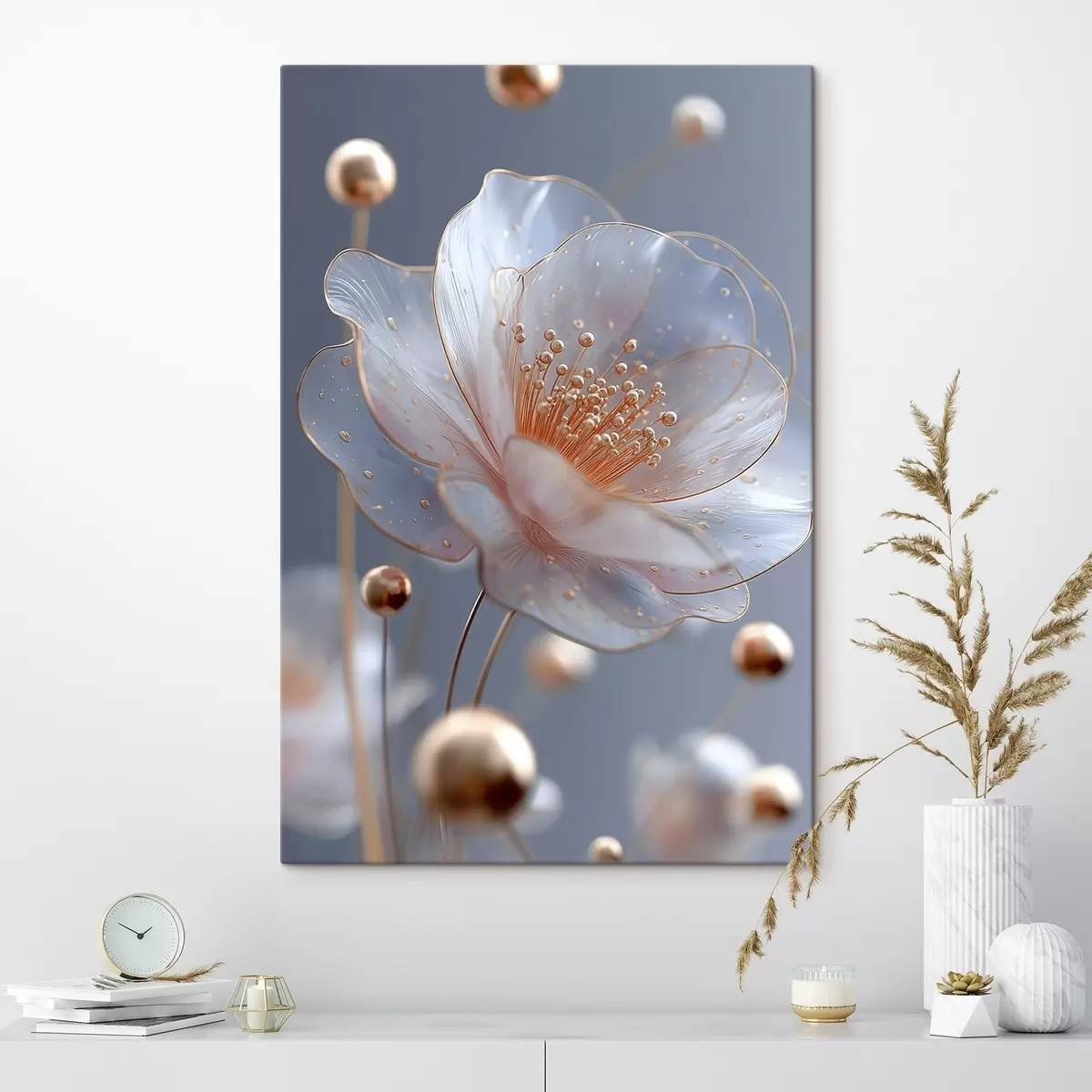 Glezna Caurspīdīgs zieds ar vara putekšņiem uz zila fona s45880