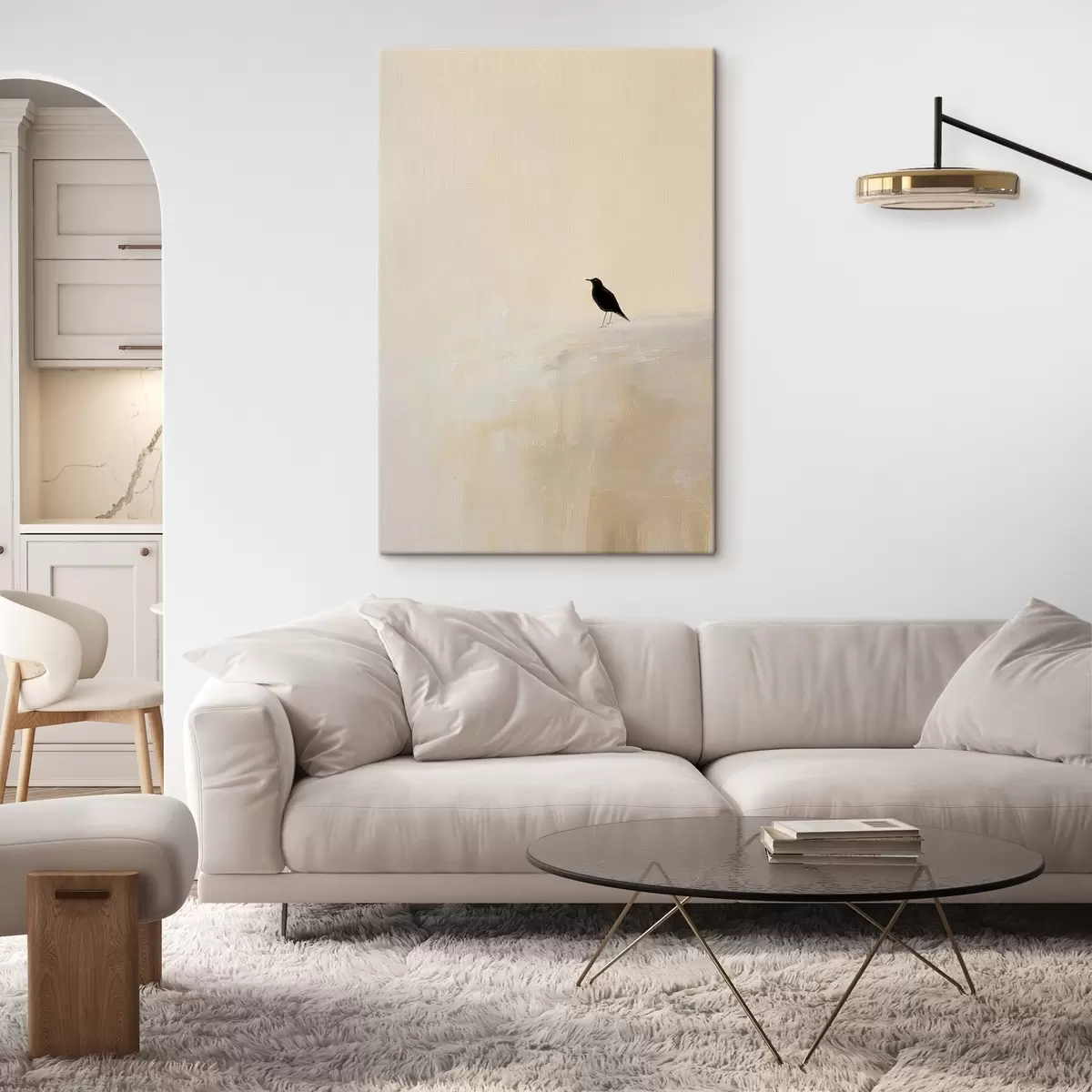 Glezna Vientuļš putns uz siltā smilškrāsas fona s45882