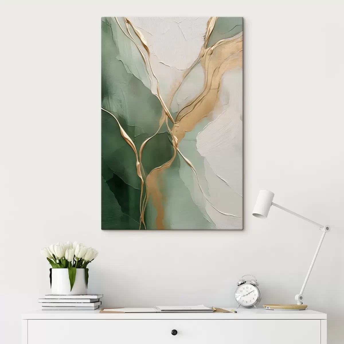 Glezna Smaragda krāsas krēma abstrakcija ar dzeltenām straumītēm s45887