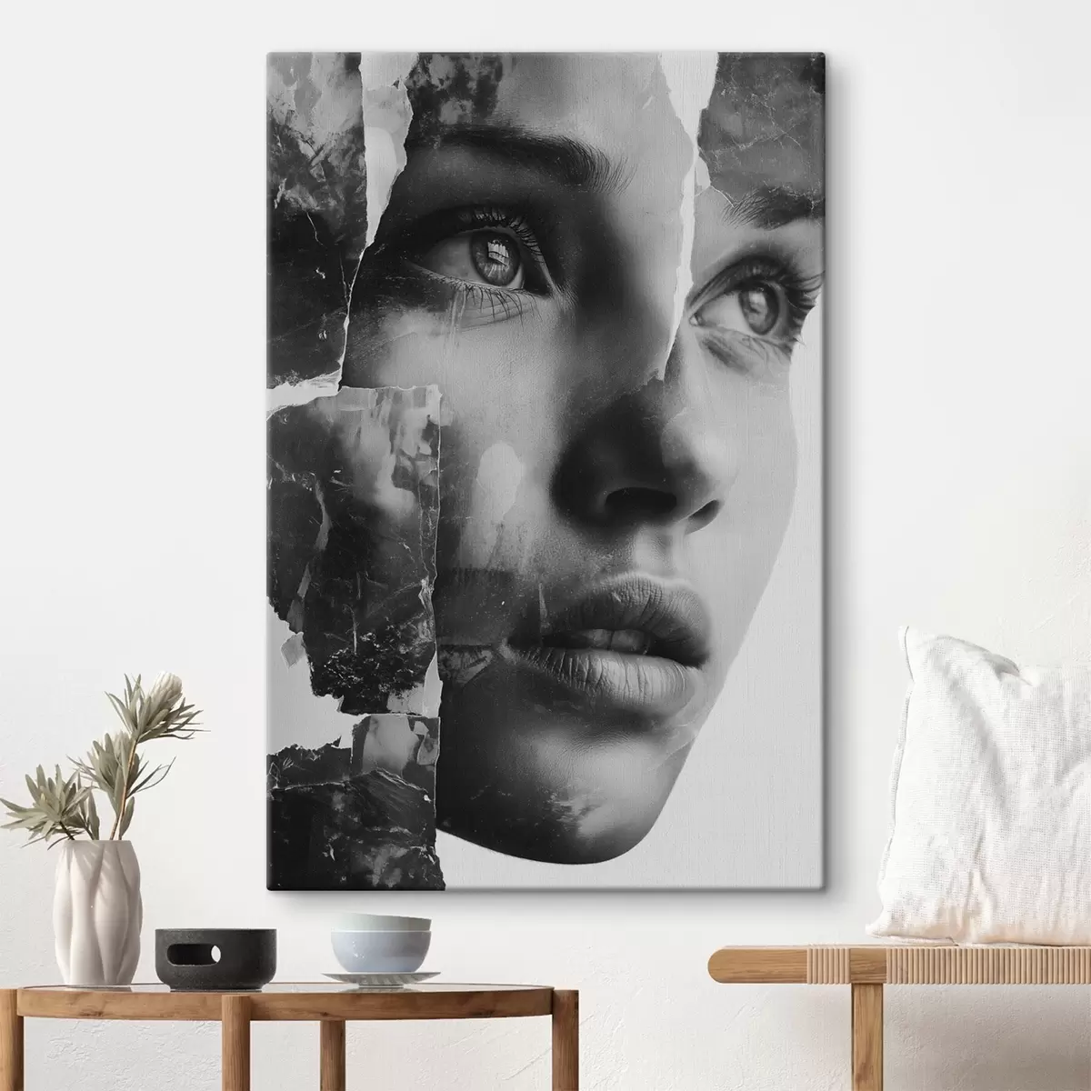 Glezna Melnbaltā kolāža portrets ar plīsušiem teksturētiem slāņiem s45898