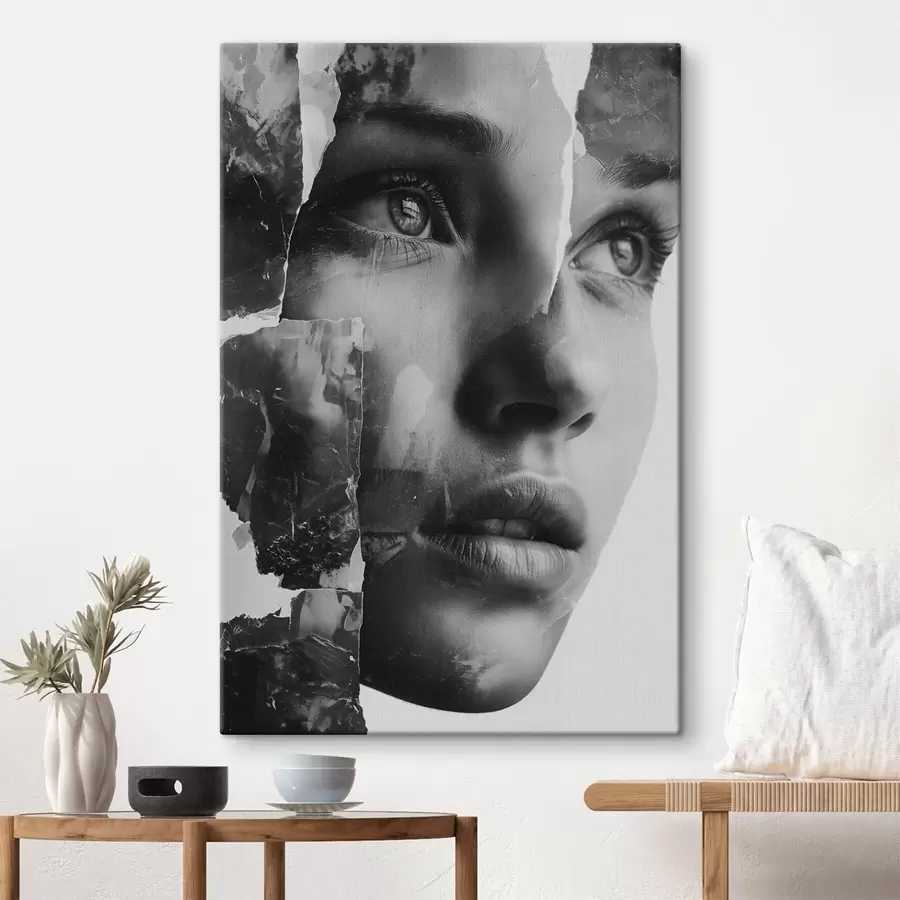 Glezna Melnbaltā kolāža portrets ar plīsušiem teksturētiem slāņiem s45898